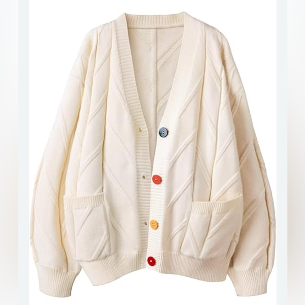 Boho Free People Inspired Ebossy Off White Cable Knit Cardigan Colorful Button S